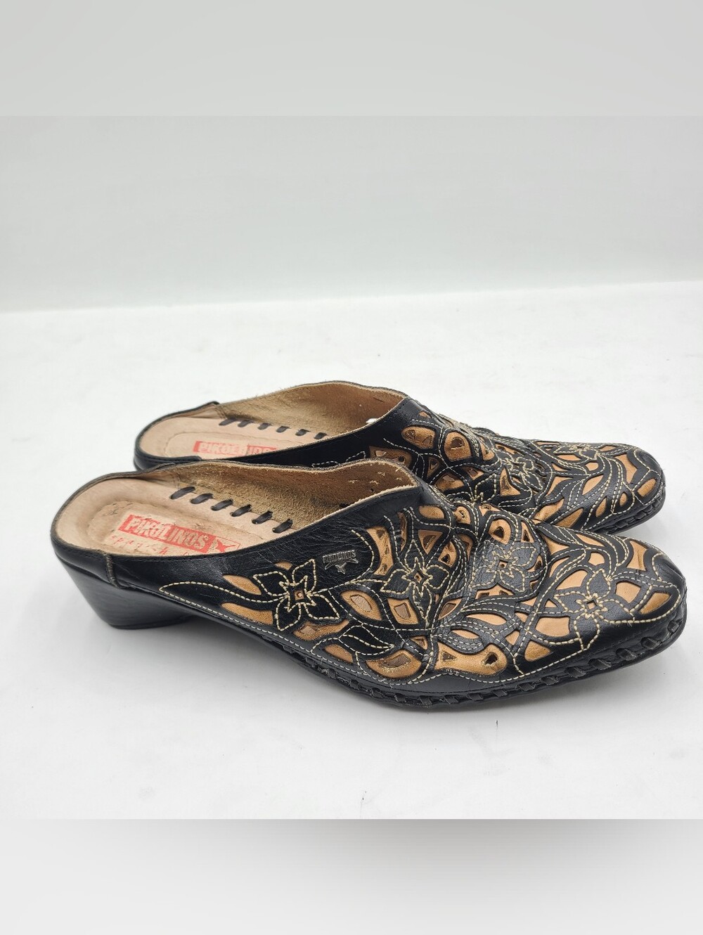B41 Pikolinos Leather Mules Laser Cut Shoes Made Spain Slide Womens Sz 39 US 8.5